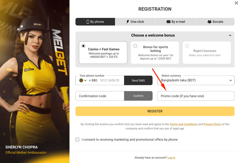 How to enter Melbet promo code in Bangladesh registration form